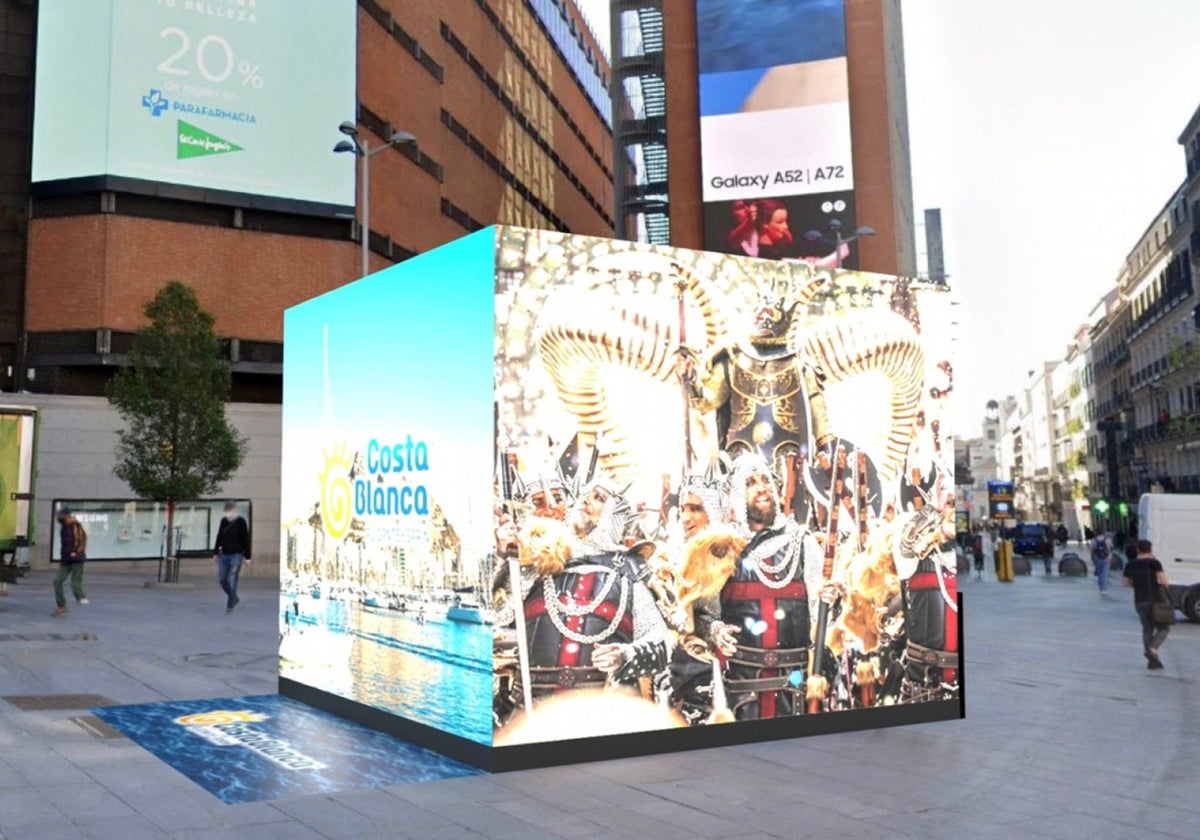 El cubo leed instalado por el Patronato Costa Blanca de Alicante en la plaza Callao de Madrid