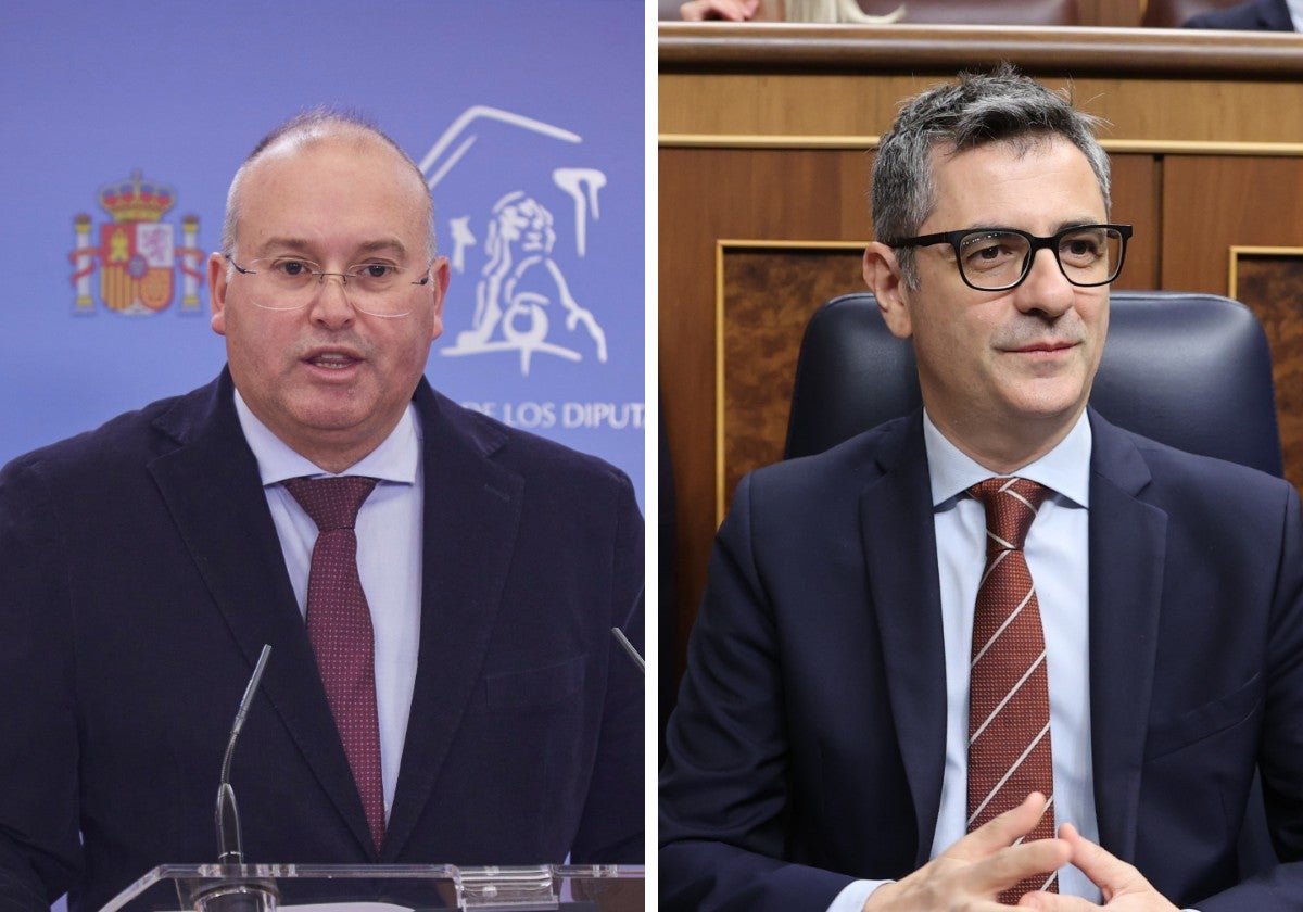 El portavoz del PP en el Congreso, Miguel Tellado, y el ministro de Justicia, Presidencia y Relaciones con las Cortes, Félix Bolaños