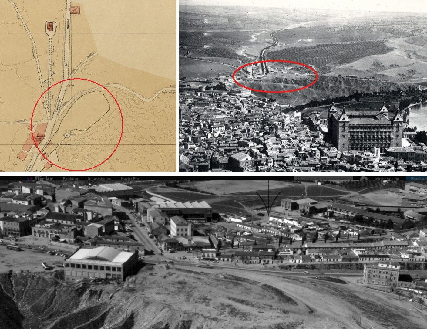 En 1911 la familia Leyún prometió ceder terrenos a la Diputación para levantar un hospital junto a la carretera de Madrid. En un plano de 1900 señalamos la planicie allí existente. Arriba, en la foto área (ca. 1935), indicamos el mismo lugar que preparó la Academia para prácticas hípicas en 1931. Esto motivó un popular topónimo, 'El salto de caballos'. Debajo, el mismo paraje en 1974, aún sin urbanizar, donde hoy se sitúan el edificio Tolteum y otros usos públicos. Archivo Municipal de Toledo