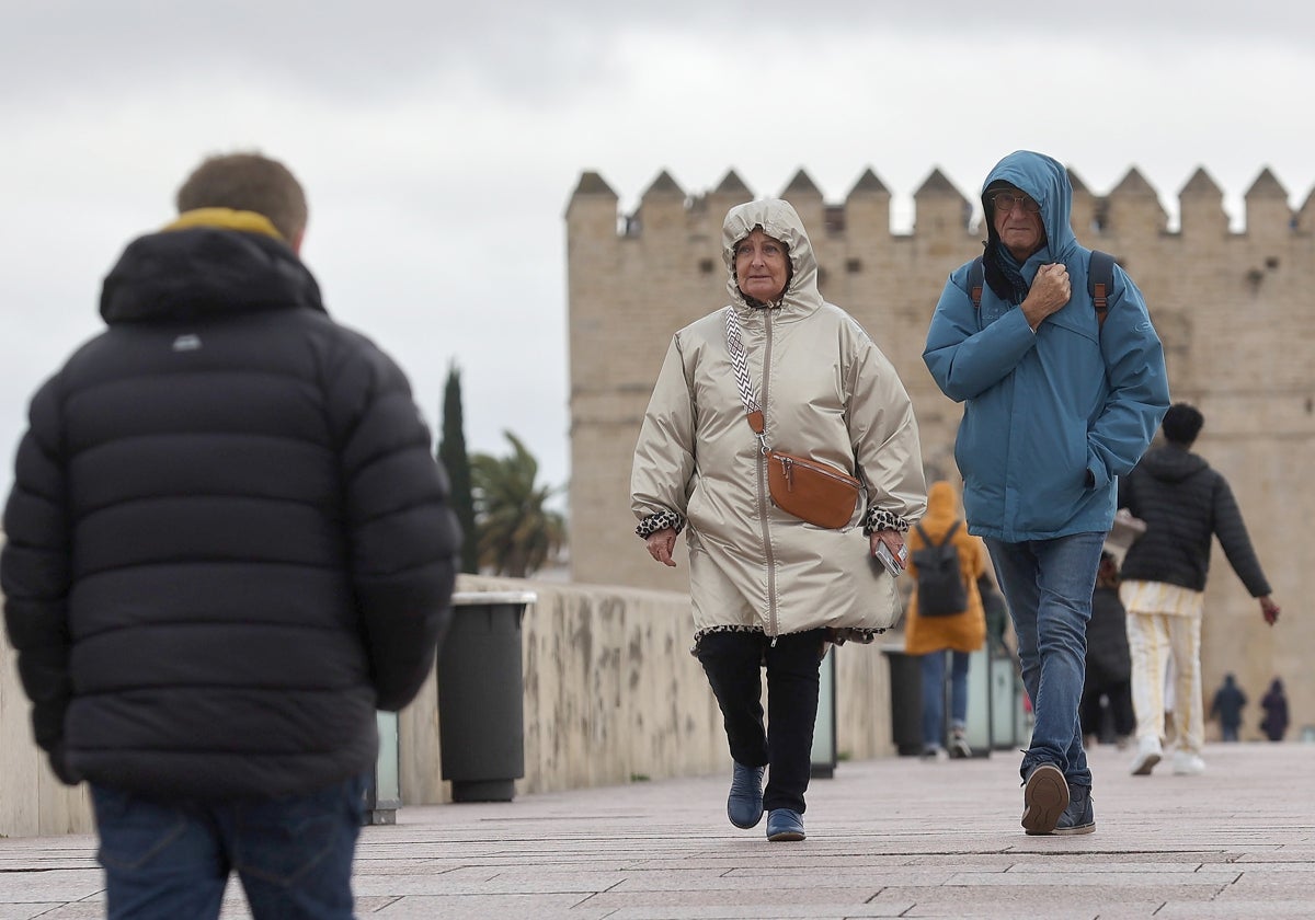 Dos turistas caminan cubiertos por el Puente Romano de Córdoba