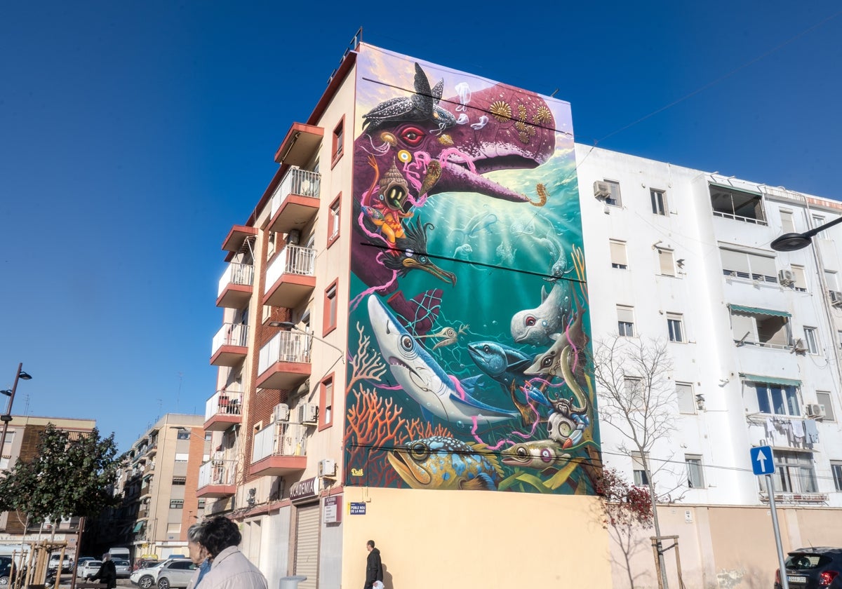 Imagen del mural Mediterraneus en el Cabanyal obra de Dulk en colaboración con el Oceanogràfic de Valencia