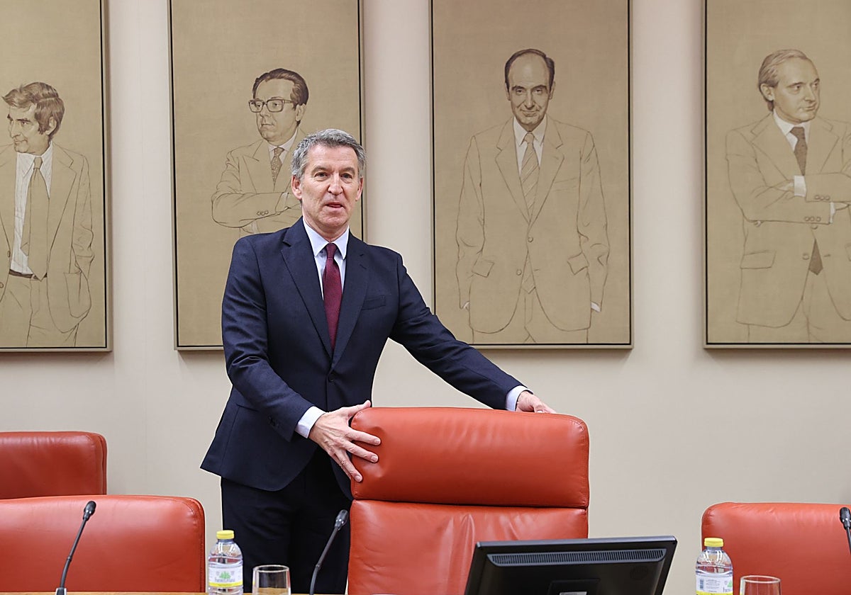 El presidente del PP, Alberto Núñez Feijóo, en el Congreso en la reunión de grupos parlamentarios del PP en las Cortes Generales