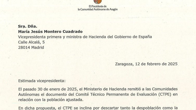 Azcón urge una reunión a la ministra Montero para que la despoblación cuente en la nueva financiación