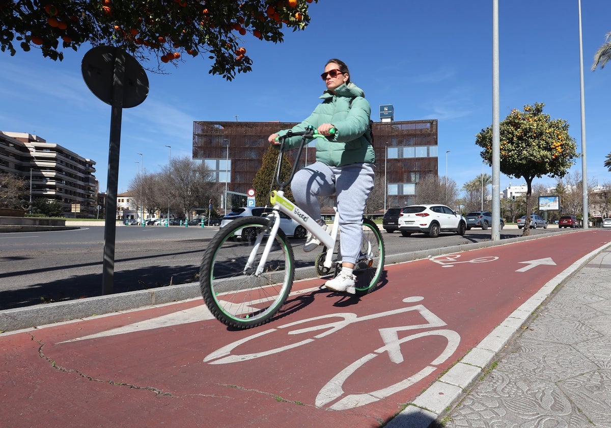 Una ciclista circula por el carril bici de la avenida Vallellano