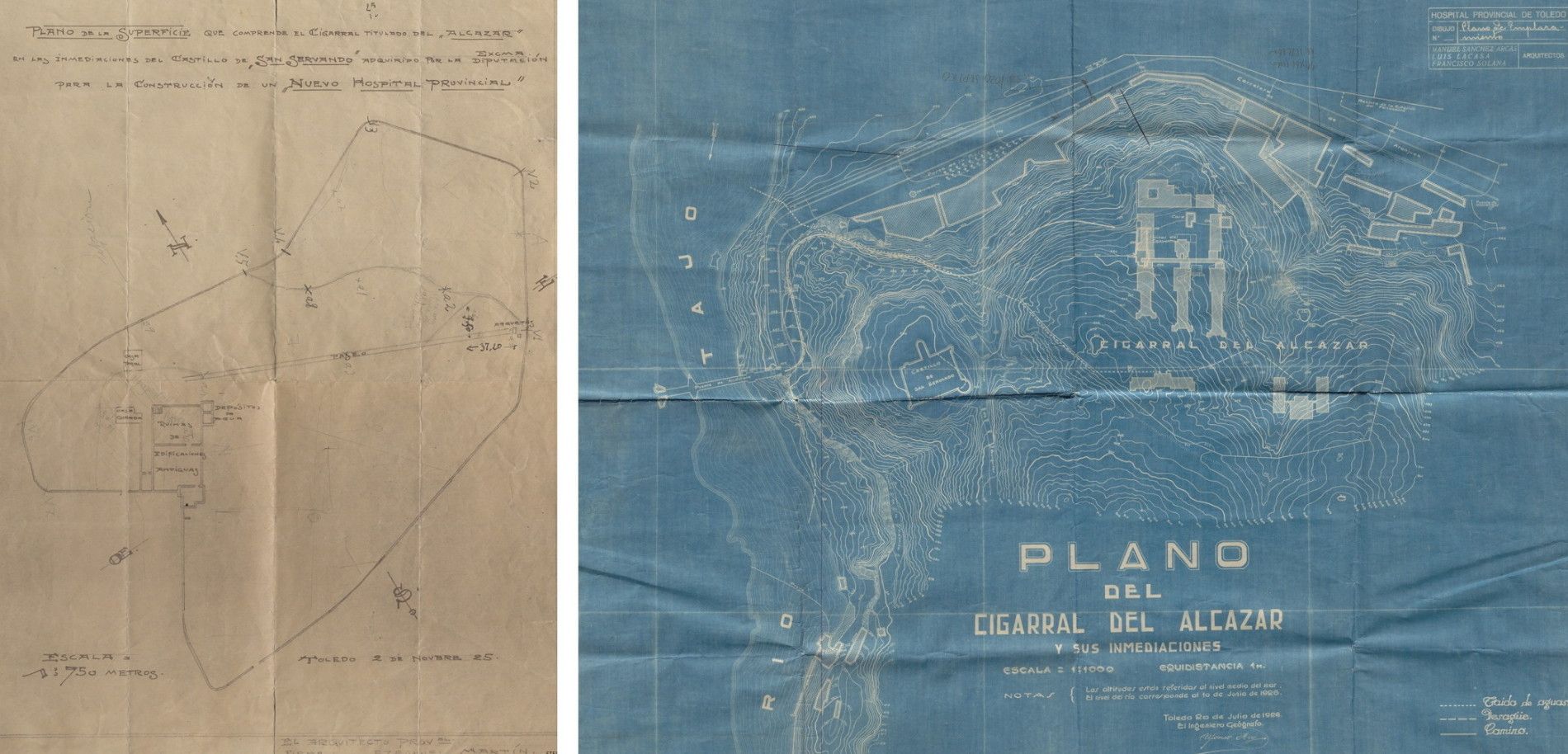 A la izquierda, terreno del Cigarral del Alcázar para levantar el Hospital Provincial en un plano del arquitecto provincial Ezequiel Martín, en 1925. A la derecha, el mismo lugar, ya con la planta del proyecto aprobado en 1926, en un plano trazado por Alfonso Rey Pastor en 1928