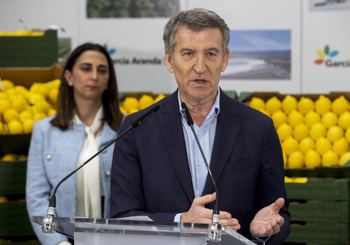 El presidente del PP, Alberto Núñez Feijóo, visista la empresa de cítricos García Aranda S.L., en Librilla (Murcia)