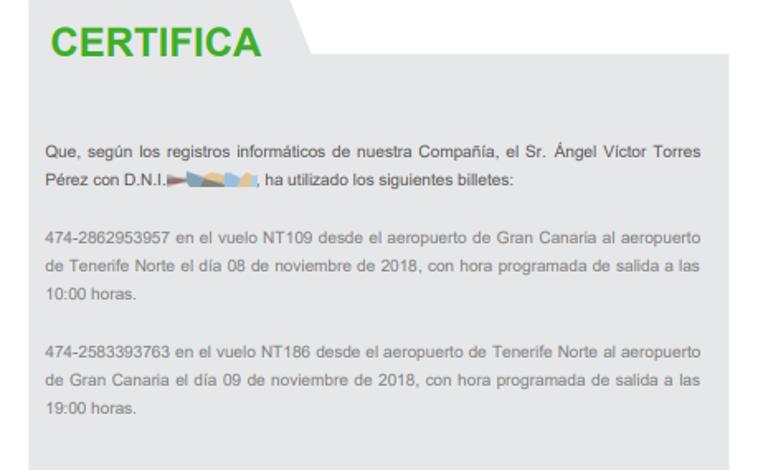 Imagen - Ángel Víctor Torres muestra unos certificados de vuelo para refutar a Aldama y le acusa de mentir por «fines políticos»