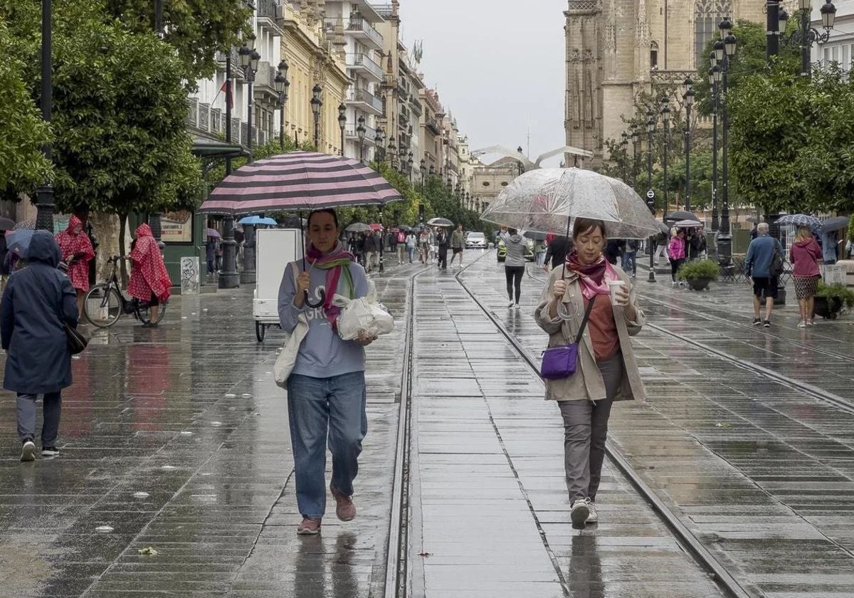 Dos personas caminan por la Avenida de la Constitución, en el centro de Sevilla, durante un día de lluvia