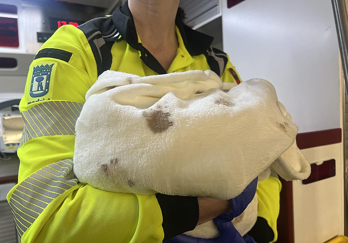 El recién nacido, en brazos del personal de Emergencias.