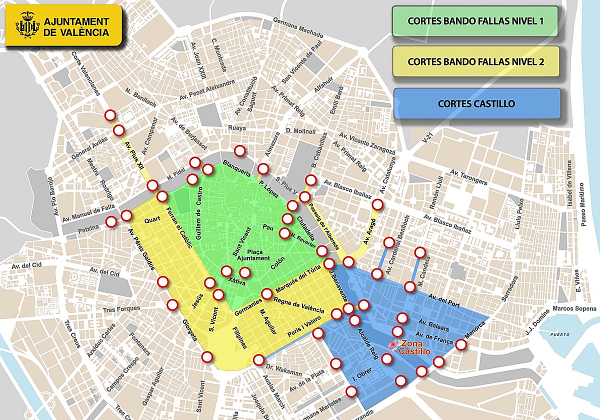 Mapa de los cortes de tráfico en Valencia por Fallas