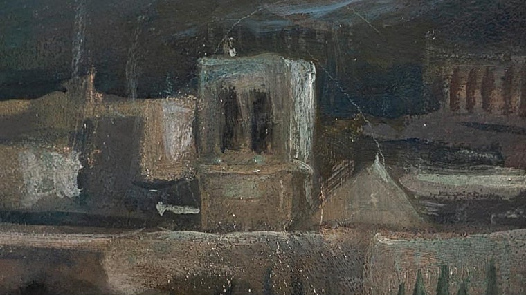 Detalle del campanario de San Hipólito incluido en el mural