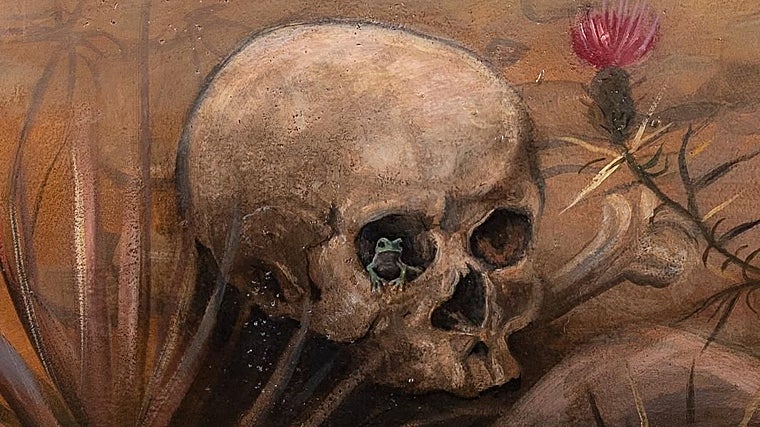 Calavera a los pies del Cristo, con una rana