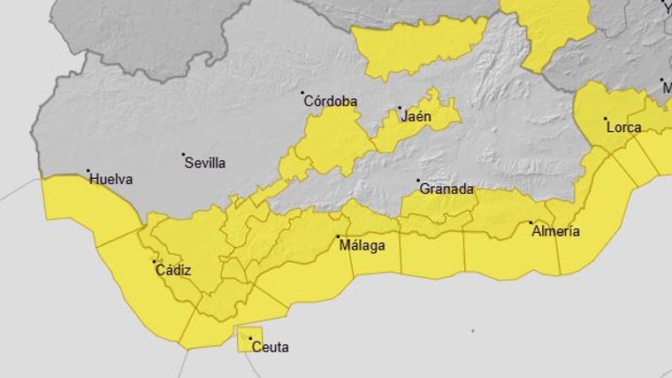 Mapa de avisos amarillos a las 19:00 horas de este jueves