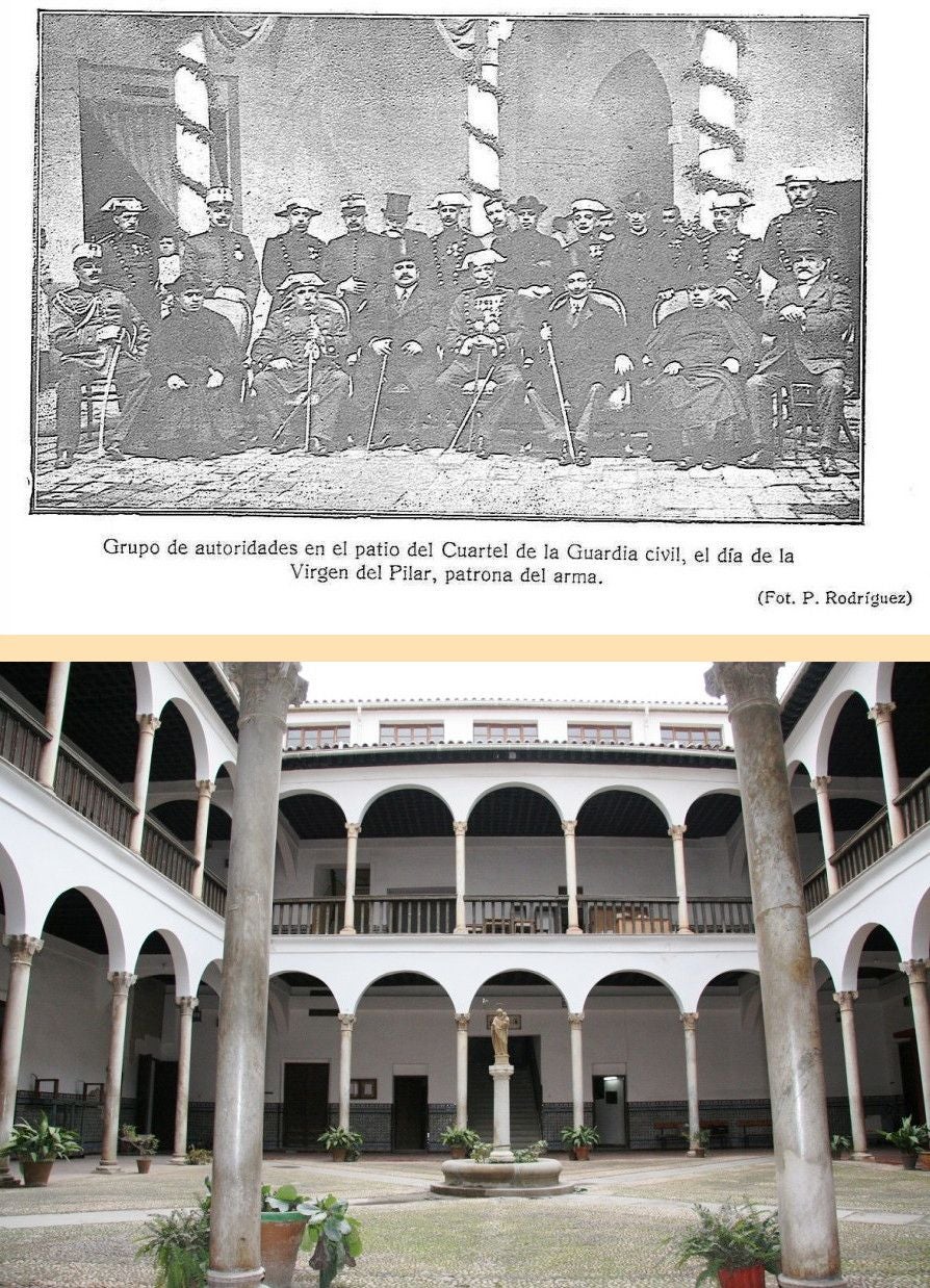 Arriba, fiesta de la Virgen del Pilar en 1915, en el patio de la casa-cuartel instalada en la plaza de San Isabel. Foto de Rodríguez publicada en 'La Campana Gorda'. Después, el inmueble se adecuó para el Seminario Menor. Abajo, el mismo patio rehabilitado en época actual (Foto Patrimonio Cultural de Castilla-La Mancha)