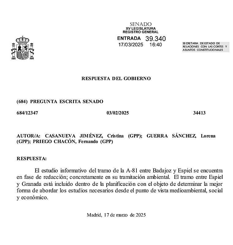 Extracto de una de las seis últimas respuestas del Gobierno sobre el futuro de la N-432