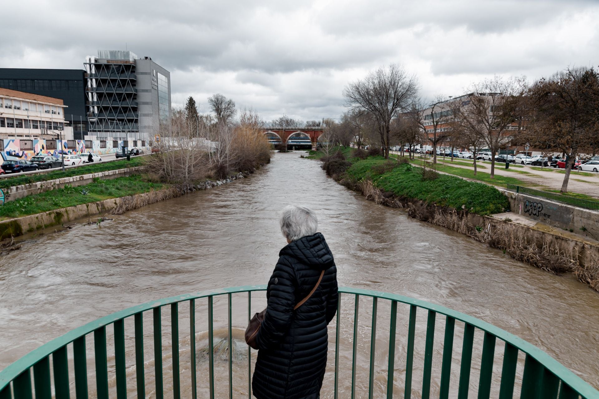 Señora contemplando la subida del río Manzanares en Madrid