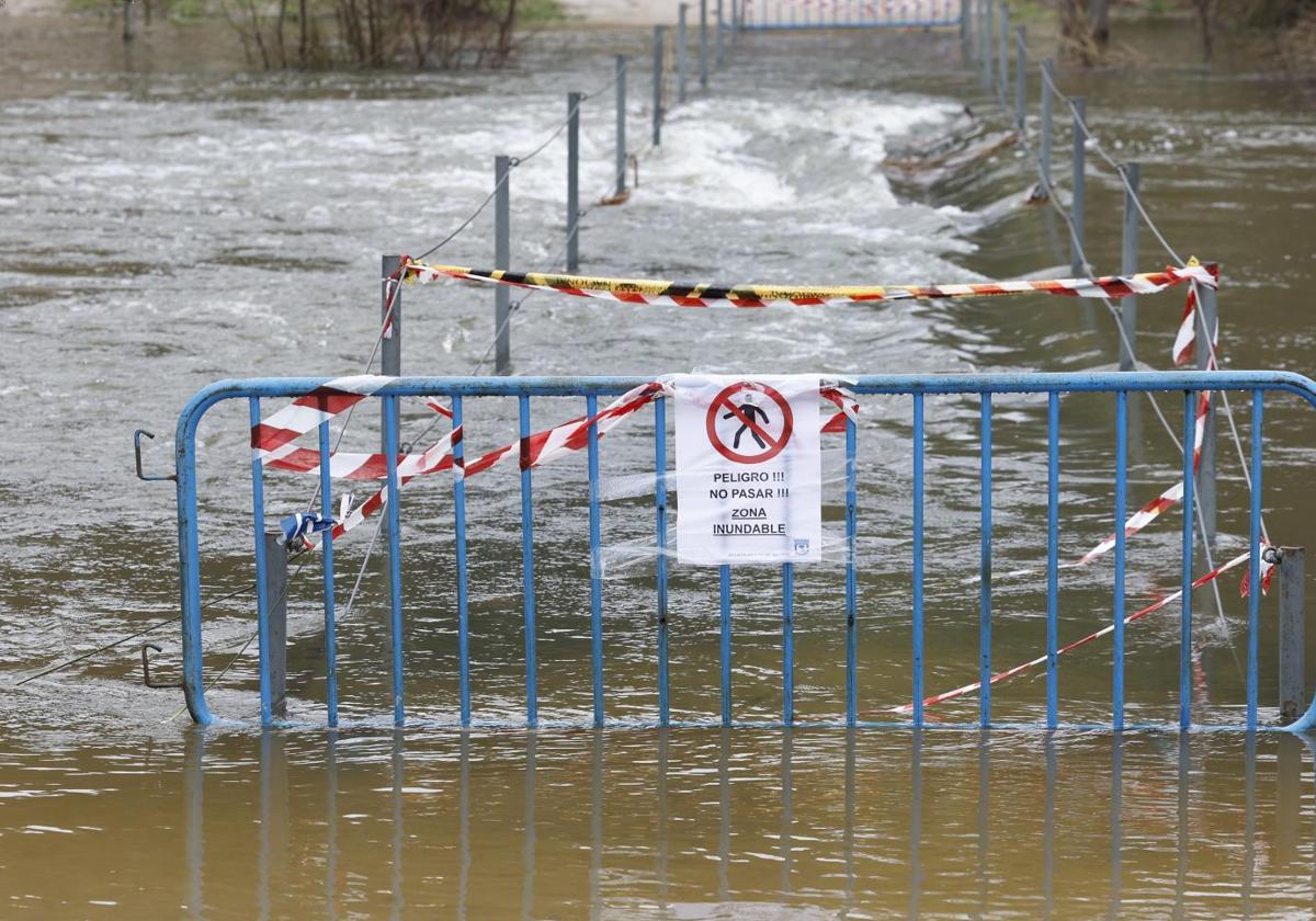 Vista de una pasarela que prohíbe el paso sobre el río Manzanares en El Pardo, Madrid