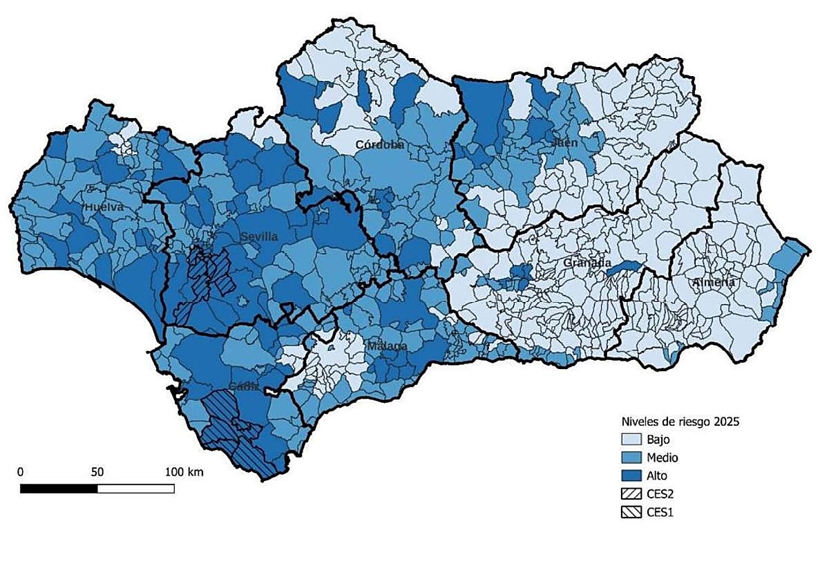 Mapa de áreas de riesgo para la salud en relación al virus del Nilo en 2025 en Andalucía