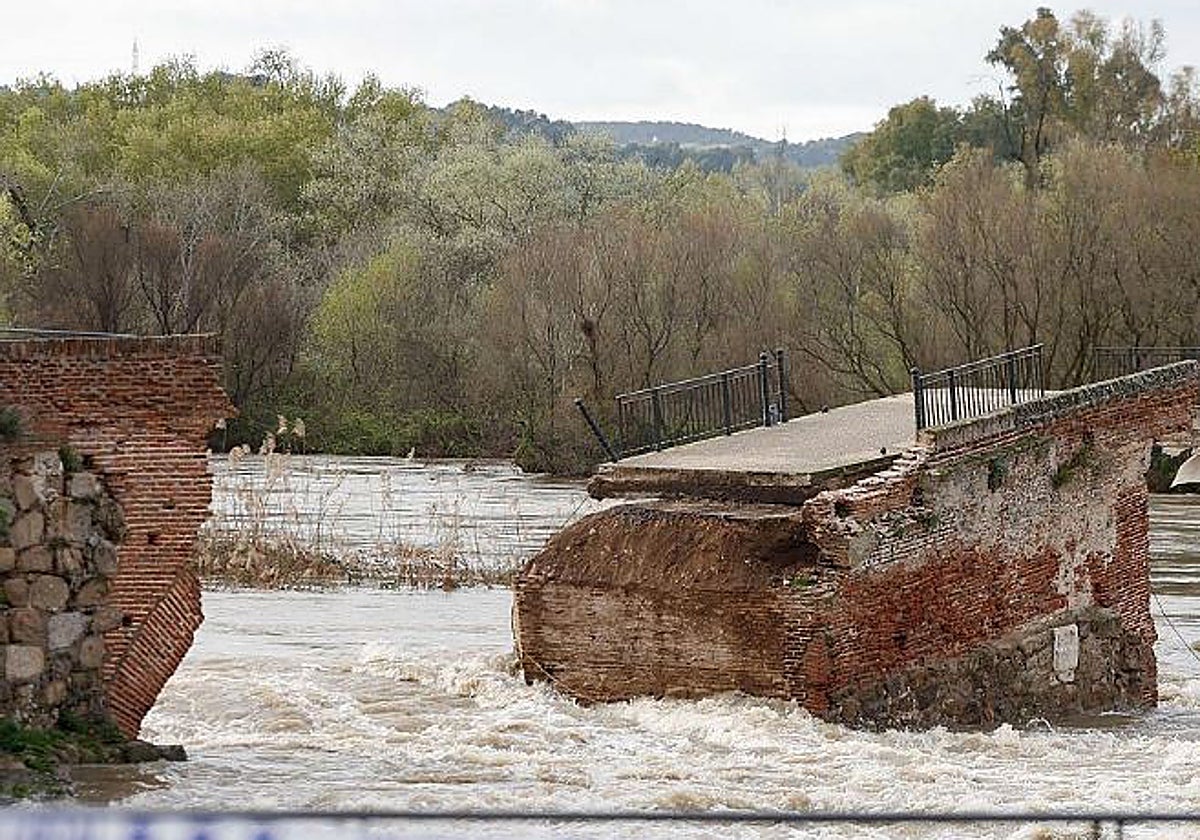 El puente de Santa Catalina o puente viejo, o romano, partido por la fuerza de las aguas del Tajo en Talavera