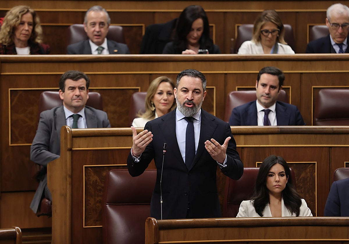 Santiago Abascal junto a varios diputados de Vox en el hemiciclo del Congreso