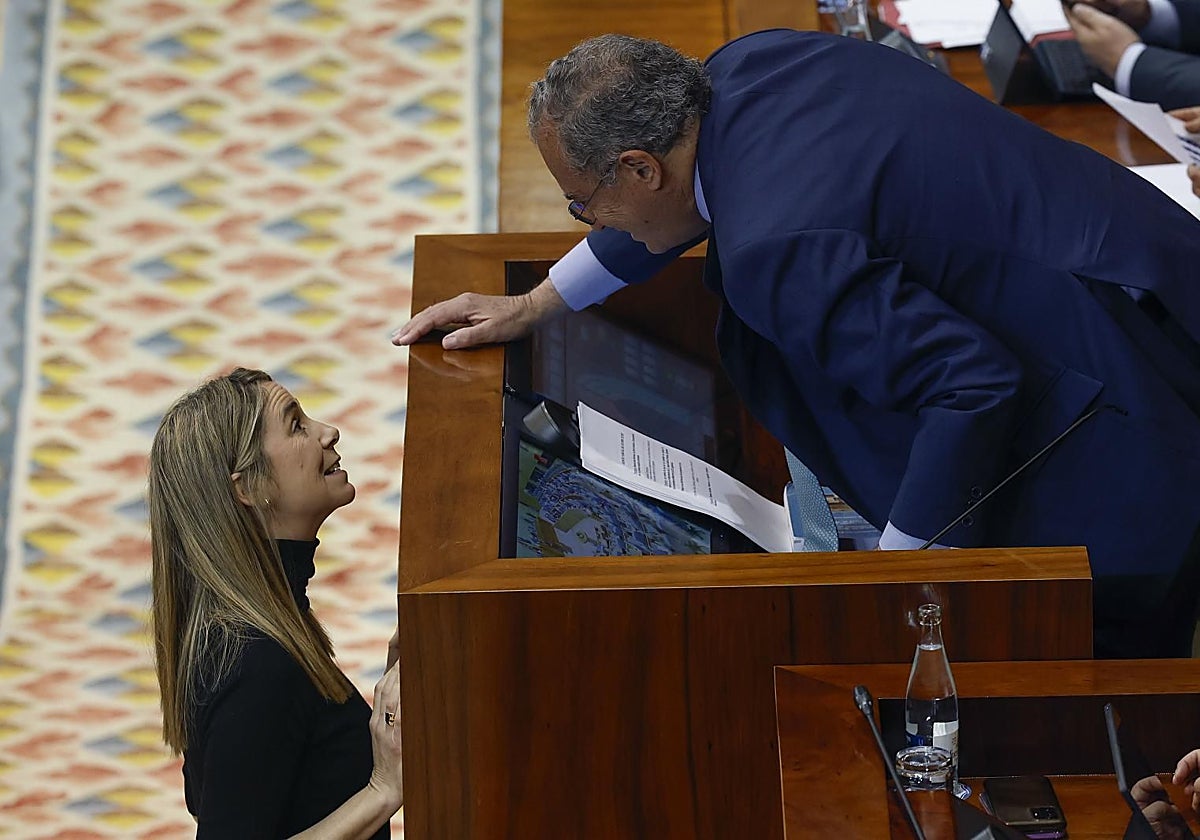 El presidente de la Asamblea, Enrique Ossorio, charla con la portavoz socialista, Mar Espinar