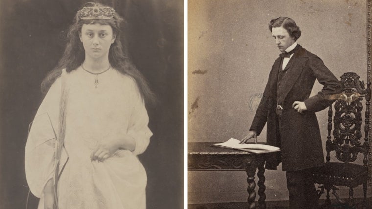 A la izquierda, fotografía de Alice Liddell como Santa Inés, realizada por Julia Margaret Cameron, 1872. A la derecha, Charles Lutwidge Dodgson (Lewis Carroll), álbum fotográfico familiar, siglo XIX