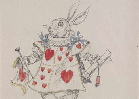 Imagen secundaria 1 - Arriba, detalle de la Ilustración de John Tenniel para 'Las aventuras de Alicia en el país de las maravillas'. Sobre estas líneas, a la izquierda, vestuario diseñado por Gladys Calthrop para el Conejo Blanco en el Acto I, escena del juicio, de 'Alice in Wonderland', 1943. A la derecha, 'Gato de Cheshire', cartel psicodélico de Joseph McHugh