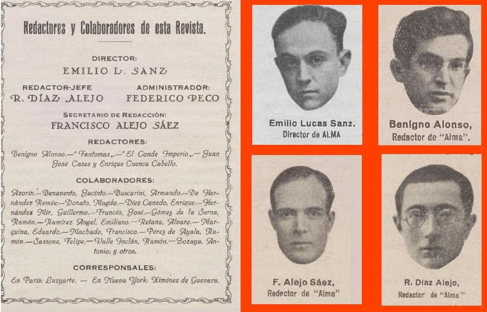 A la izquierda, los nombres de todos los componentes de la redacción y colaboradores de la revista. A la derecha, los retratos del director, Emilio Lucas Sanz y los de tres redactores