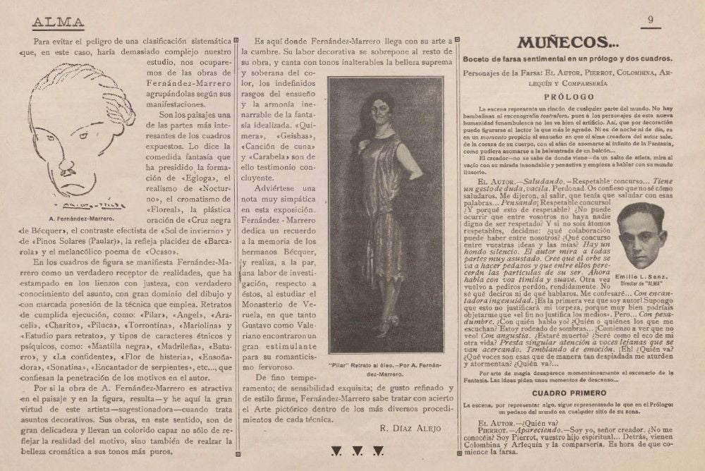 Página 9, del primer número de la revista (abril de 1927) con distintos recursos gráficos para ilustrar una crítica de arte: una caricatura del pintor Antonio Fernández-Marrero y la reproducción de un retrato realizado por él. A la derecha, aparece la foto de Lucas Sanz para introducir una de sus farsas, la titulada Muñecos…