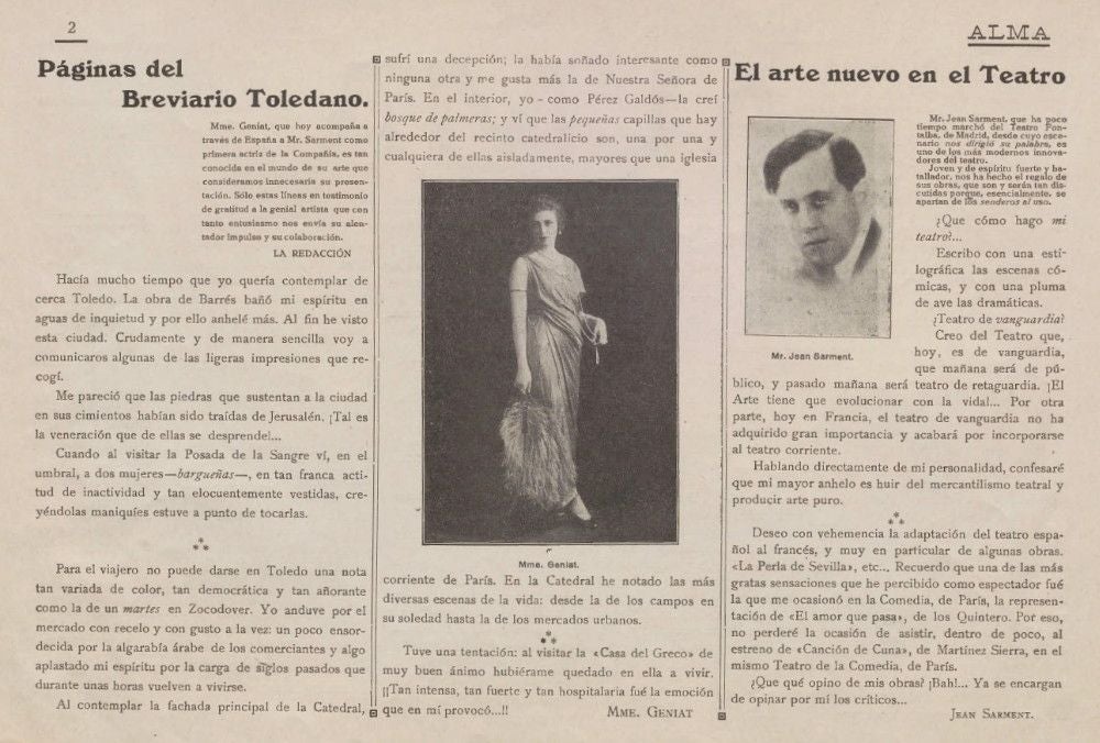 El número 2 (mayo de 1927) recoge las manifestaciones sobre Toledo expresadas por Mme. Geniat, primera actriz de la compañía francesa de Jean Sarment en su gira por España