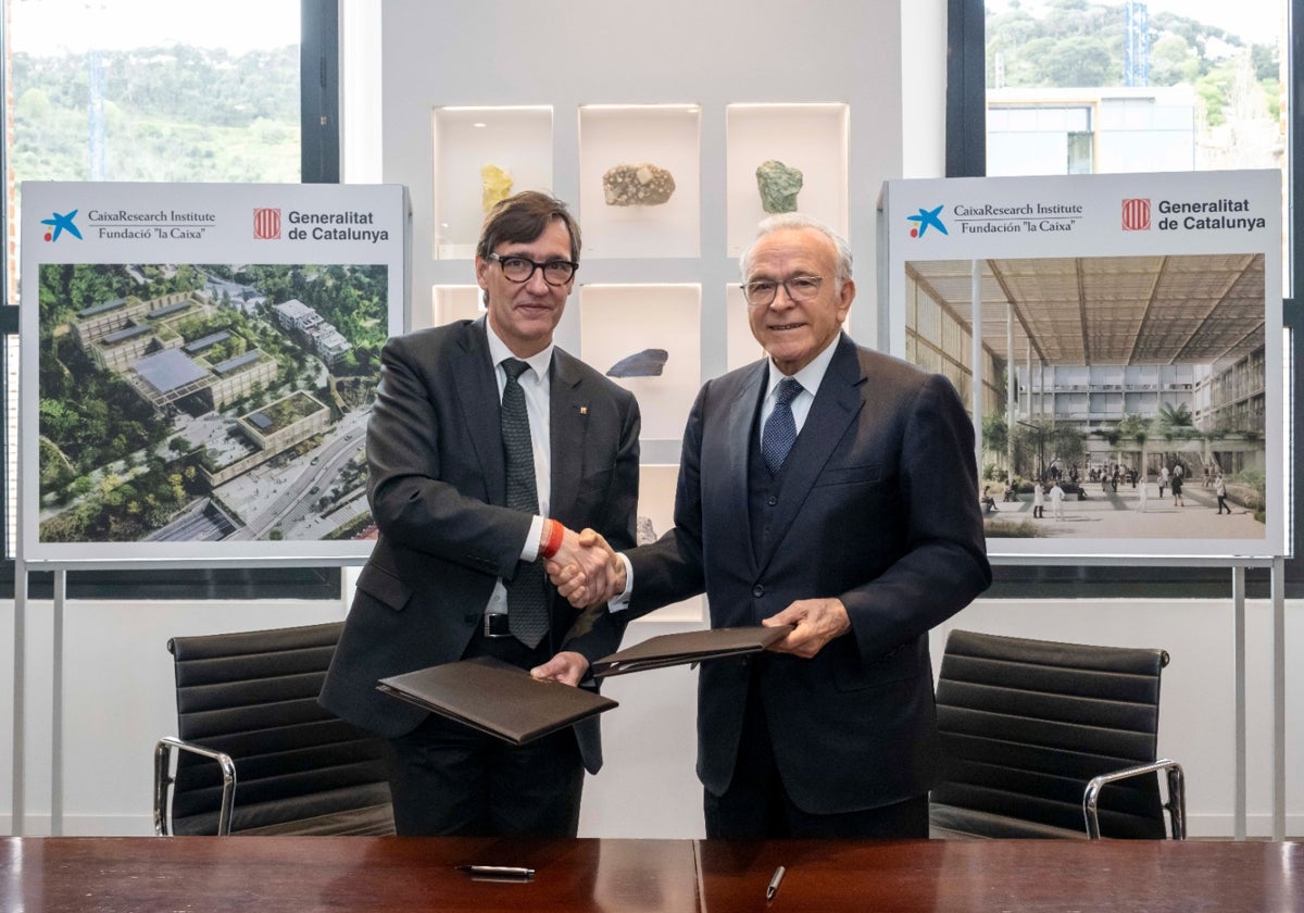 El presidente de la Generalitat, Salvador Illa, y el presidente de la Fundación La Caixa, Isidre Fainé