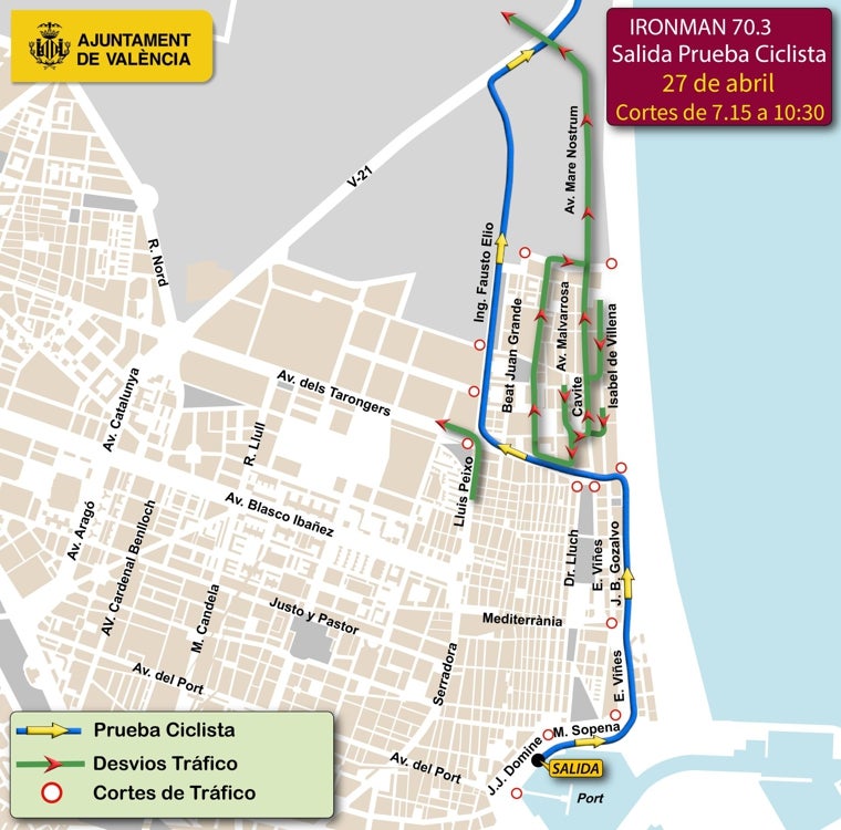 Calles cortadas y cambios en el transporte público en Valencia por el Iron Man del domingo 27 de abril