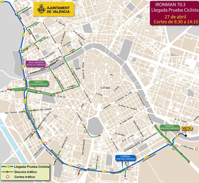 Calles cortadas y cambios en el transporte público en Valencia por el Iron Man del domingo 27 de abril