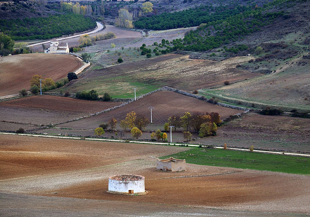 Vista de un paisaje de Tierra de Campos, con sus característicos palomares