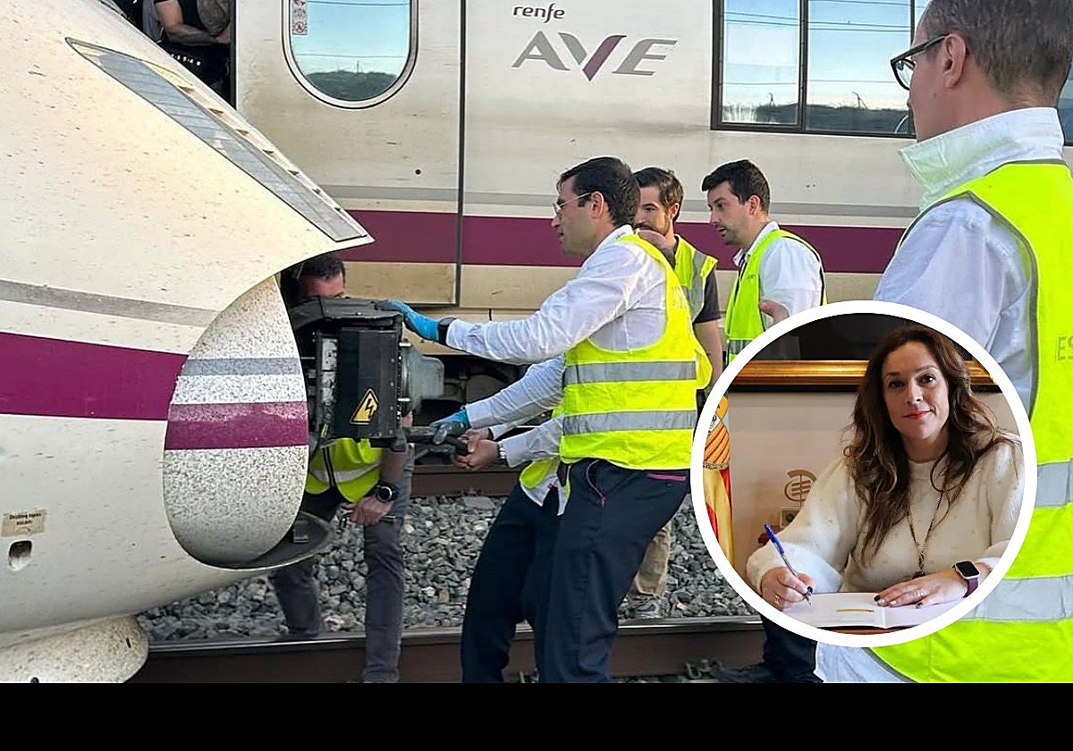 Uno de los trenes parados en Plasencia. A la derecha, Noelia Herrero, subdelegada del Gobierno en Zaragoza