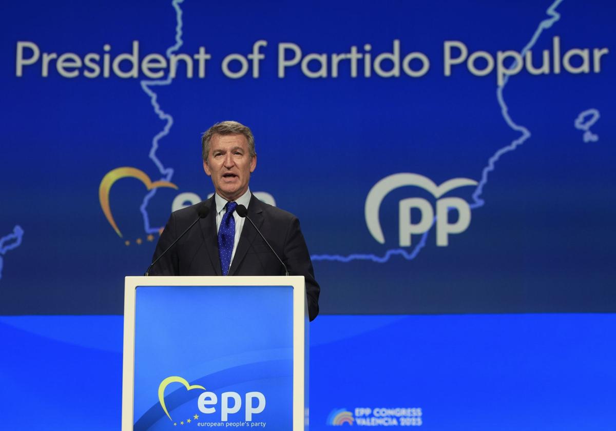 El presidente del Partido Popular, Alberto Núñez Feijóo, durante la clausura del Congreso del PPE, en Valencia