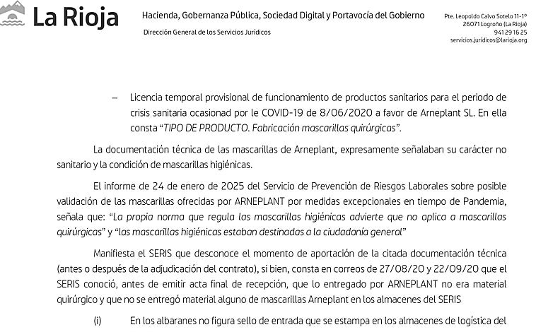 Imagen - Informe jurídico del Gobierno autonómico que constata que las mascarillas, que debían ser quirúrgicas, sólo eran higiénicas