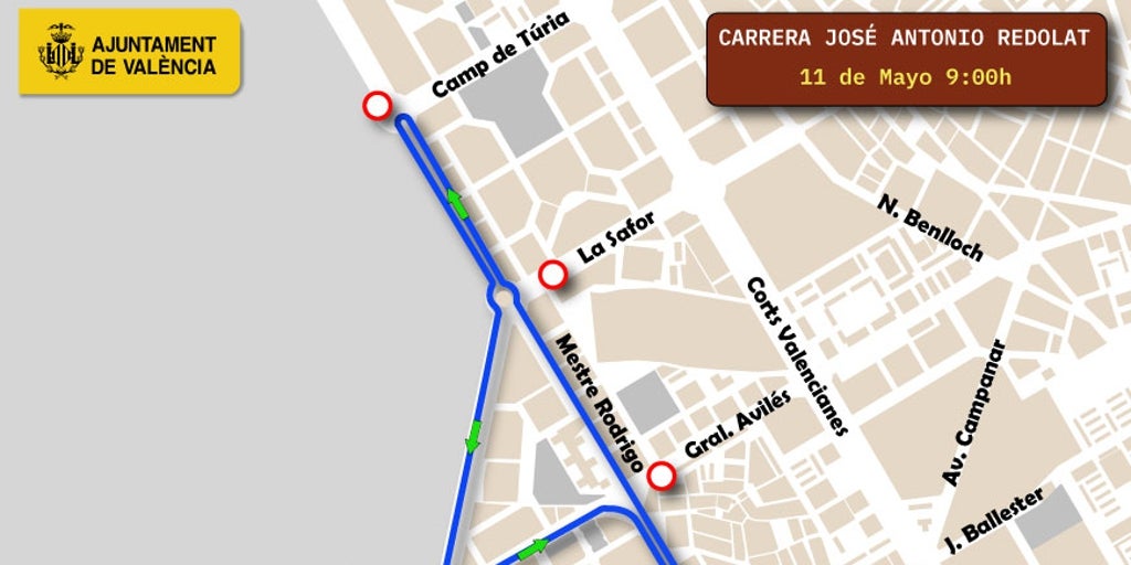 Calles cortadas y líneas de la EMT desviadas en Valencia el domingo 11 de mayo por la carrera José Antonio Redolat
