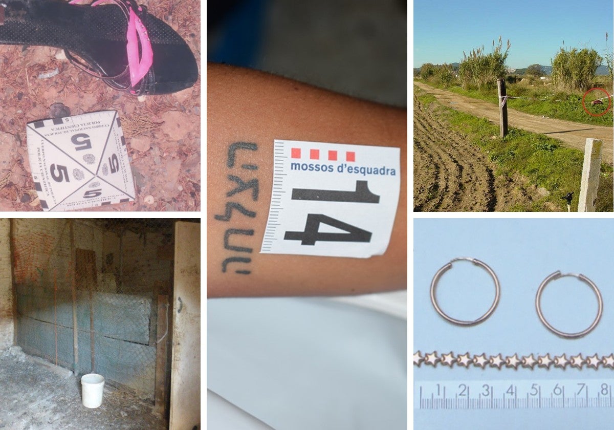 Arriba, la sandalia de 'la mujer de rosa'. En el centro, tatuaje de la mujer del cobertizo. A la derecha, camino donde se encontró el cuerpo de 'la mujer de la carretera'. Abajo, el cobertizo en el que apareció el cadáver de Ainoha Izaga y las joyas de la mujer de rosa