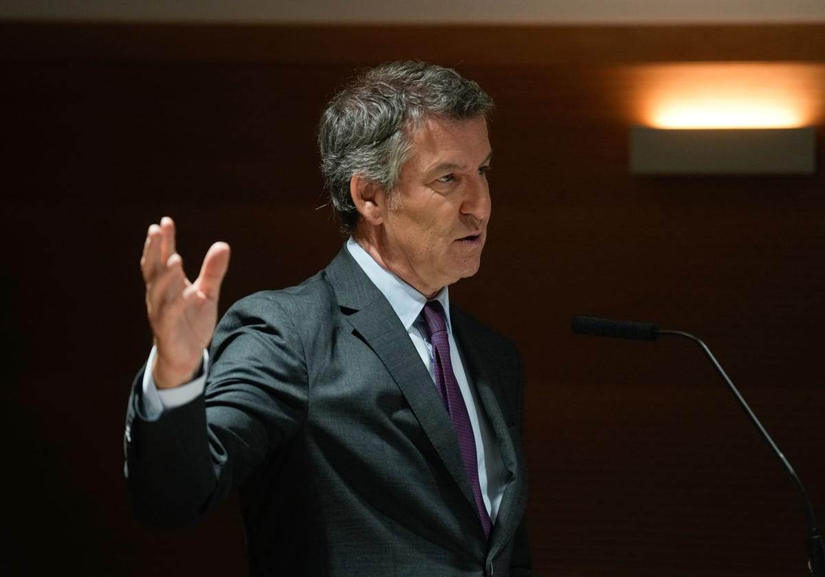 Alberto Núñez Feijóo, presidente del PP, durante una intervención en el Consejo General de Economistas