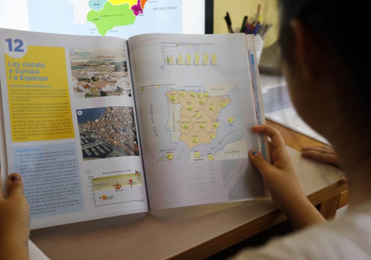 Una alumna revisa un libro de texto en valenciano de una materia troncal