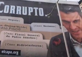 Hazte Oír despliega una lona frente al Congreso con una imagen de Pedro Sánchez: «Corrupto»