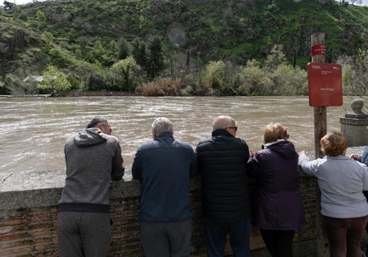 Varios personas observa el río Tajo hace unos días