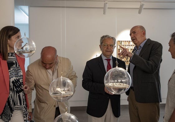 El presidente de la Diputación observando uno de los trabajos de la muestra