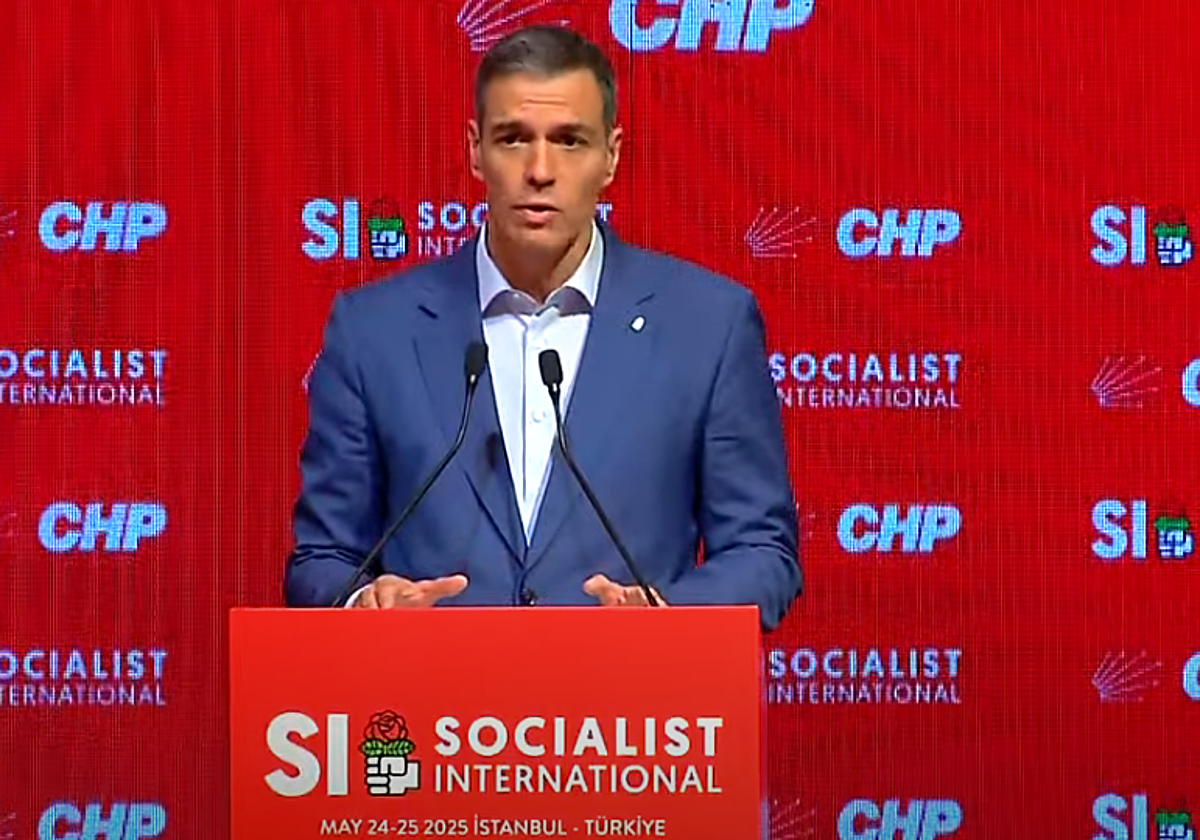 El presidente del Gobierno de España, Pedro Sánchez, durante su intervención en la Internacional Socialista