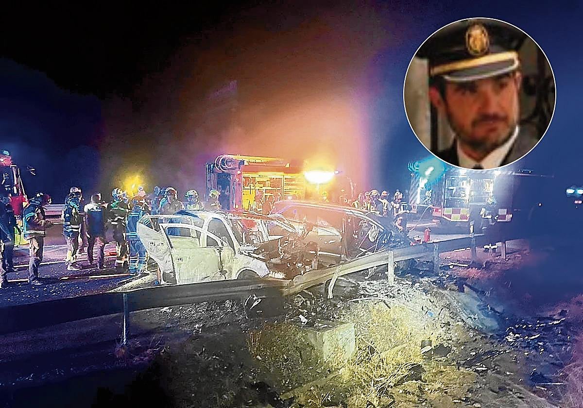 Estado de los vehículos tras el accidente y la imagen de Antonio Ramos, el subinspector fallecido