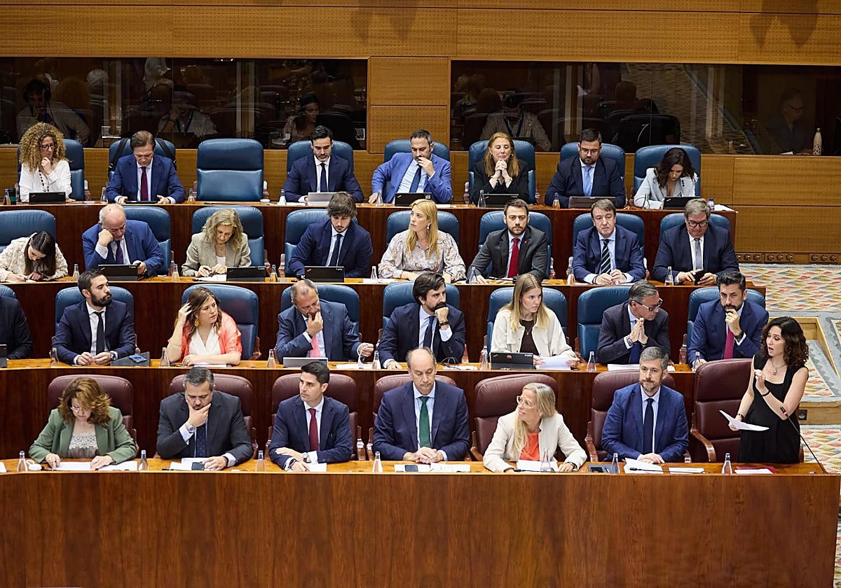 Isabel Díaz Ayuso, con el Grupo parlamentario Popular detrás, en la Asamblea