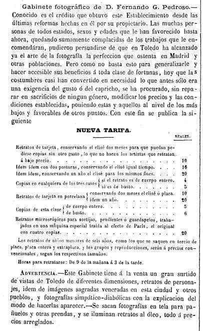 Publicidad del 'Gabinete Fotográfico de D. Fernando G. Pedroso', en la revista 'El Tajo' (10 de septiembre de 1866). En aquel momento el trabajo técnico corría a cargo de Jiménez, profesional venido de una galería madrileña. La información detalla los precios y los diferentes tipos de retratos que se hacían
