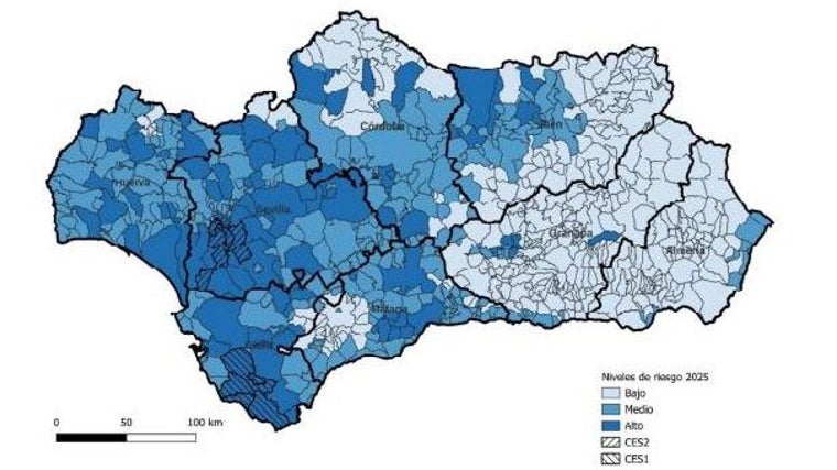 Mapa con los niveles de riesgo en los municipios de Córdoba y el resto de Andalucía