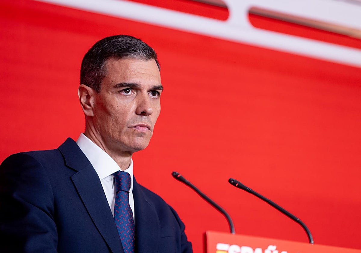 El presidente del Gobierno, Pedro Sánchez, este jueves en la sede del PSOE en Ferraz
